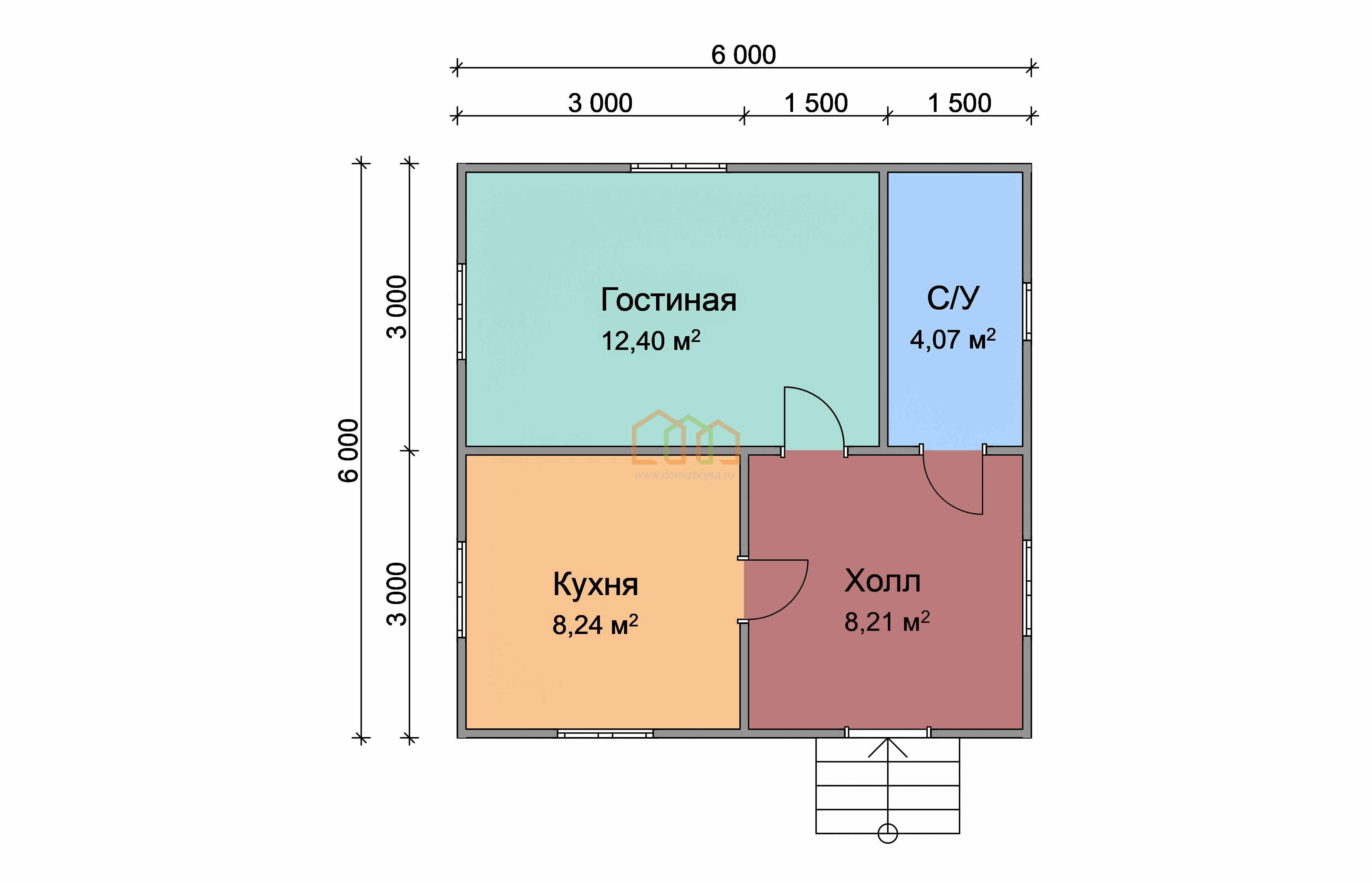 Дом из бруса одноэтажный 6х6 купить в Димитровграде цена 798000, площадь:  36 м2, Брус 90х140 мм. с верандой